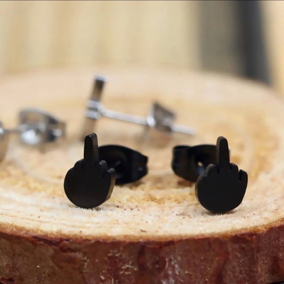 18K Black Gold (Rhodium) Plated Middle Finger, Flipping Off Stud Earrings - Picture 5 of 6